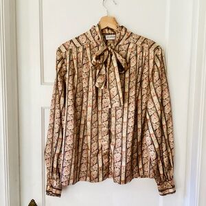 Vtg JH Collectibles size 14 blouse Silky bow Neck Tie Floral Stripe Cottagecore